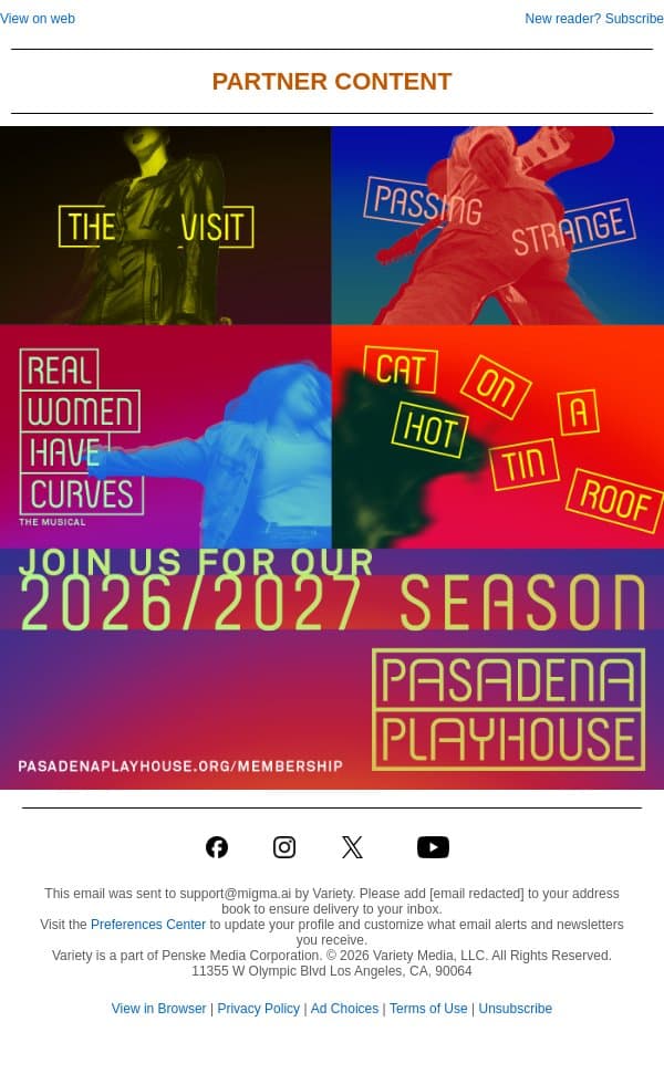 Experience the 2026/2027 Season at Pasadena Playhouse! email from Variety screenshot