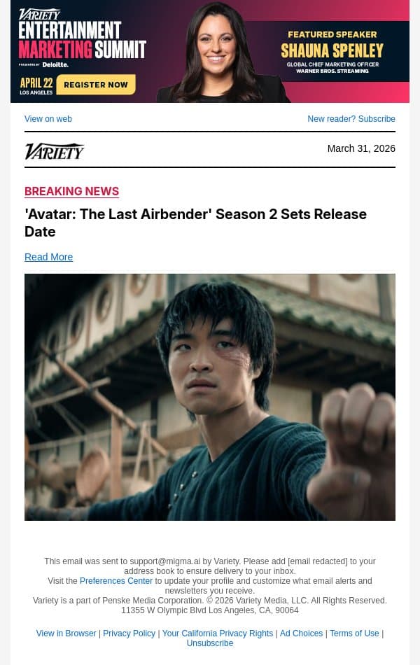 'Avatar: The Last Airbender' Season 2 Sets Release Date email from Variety screenshot