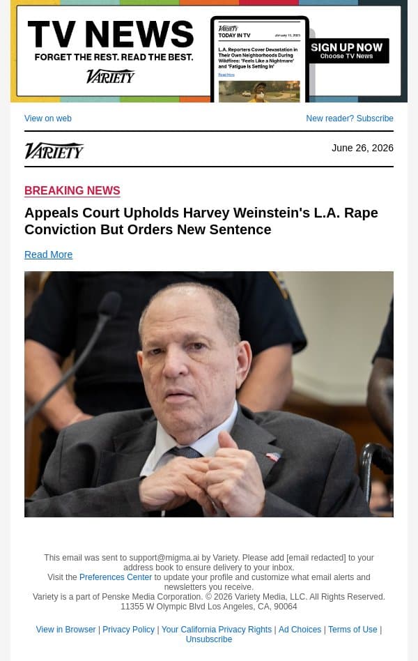 Appeals Court Upholds Harvey Weinstein's L.A. Rape Conviction But Orders New Sentence email from Variety screenshot