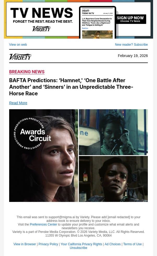 BAFTA Predictions: ‘Hamnet,' ‘One Battle After Another’ and ‘Sinners’ in an Unpredictable Three-Horse Race email from Variety screenshot