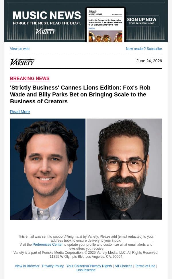 'Strictly Business' Cannes Lions Edition: Fox's Rob Wade and Billy Parks Bet on Bringing Scale to the Business of Creators email from Variety screenshot