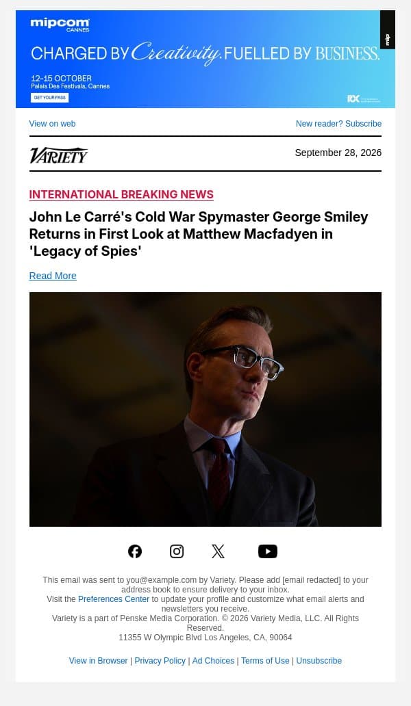 John Le Carré's Cold War Spymaster George Smiley Returns in First Look at Matthew Macfadyen in 'Legacy of Spies' email from Variety screenshot