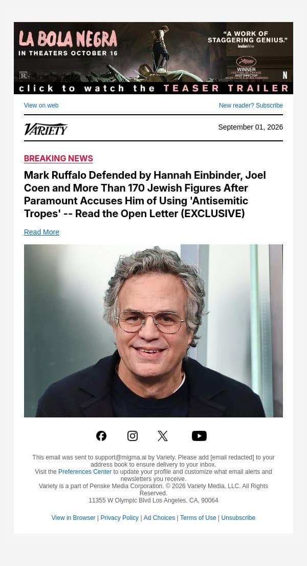Mark Ruffalo Defended by Hannah Einbinder, Joel Coen and More Than 170 Jewish Figures After Paramount Accuses Him of Using 'Antisemitic Tropes' -- Read the Open Letter (EXCLUSIVE) email from Variety screenshot