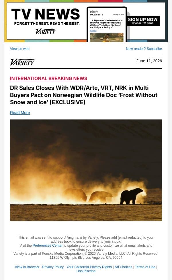 DR Sales Closes With WDR/Arte, VRT, NRK in Multi Buyers Pact on Norwegian Wildlife Doc ‘Frost Without Snow and Ice’ (EXCLUSIVE) email from Variety screenshot