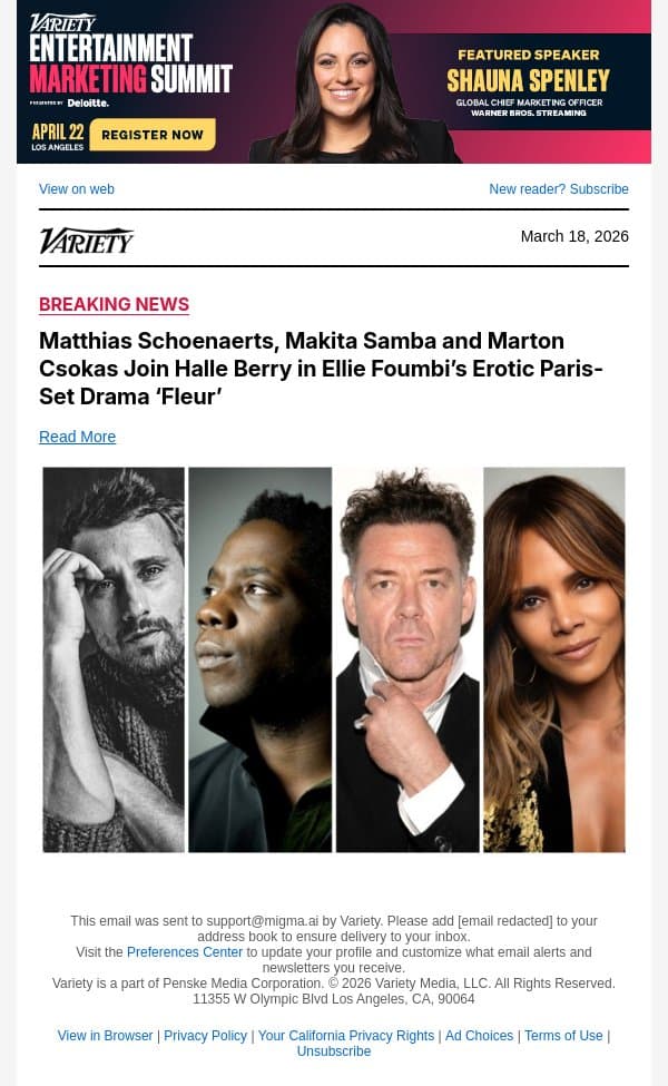 Matthias Schoenaerts, Makita Samba and Marton Csokas Join Halle Berry in Ellie Foumbi’s Erotic Paris-Set Drama ‘Fleur’ email from Variety screenshot