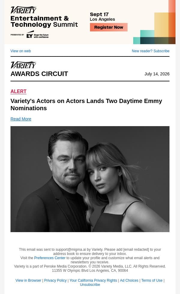 Variety's Actors on Actors Lands Two Daytime Emmy Nominations email from Variety screenshot