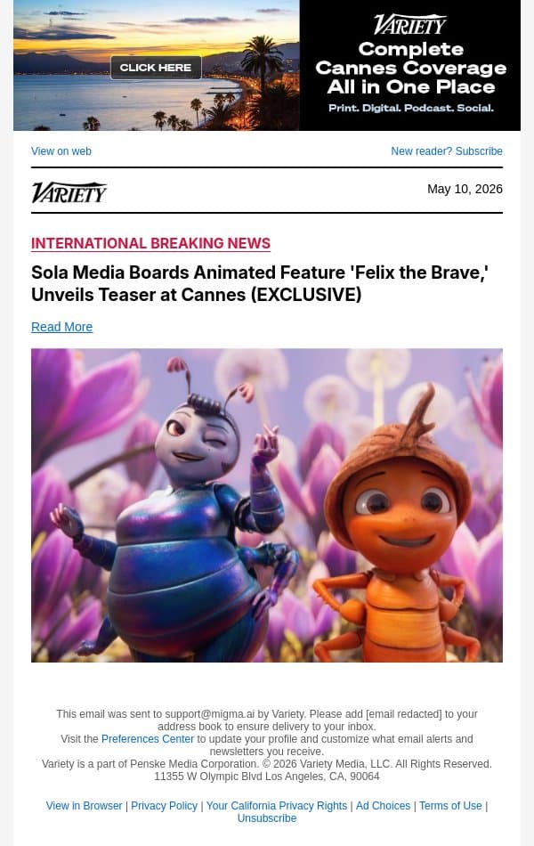 Sola Media Boards Animated Feature 'Felix the Brave,' Unveils Teaser at Cannes (EXCLUSIVE) email from Variety screenshot