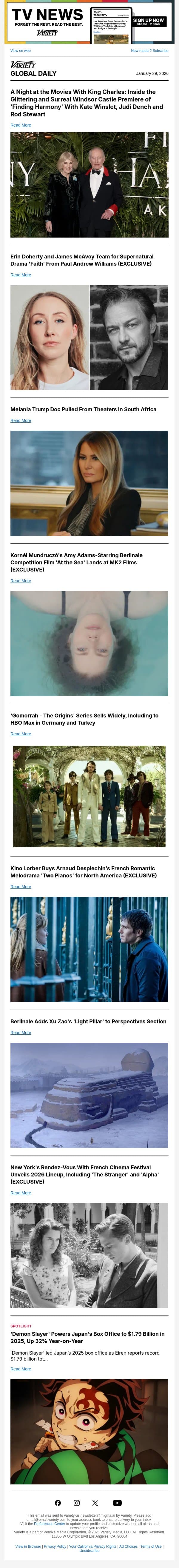 Inside King Charles' Doc Premiere; Erin Doherty and James McAvoy Team; 'Melania' Pulled in South Africa email from Variety screenshot