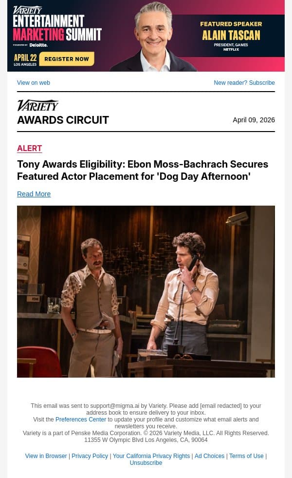 Tony Awards Eligibility: Ebon Moss-Bachrach Secures Featured Actor Placement for 'Dog Day Afternoon' email from Variety screenshot