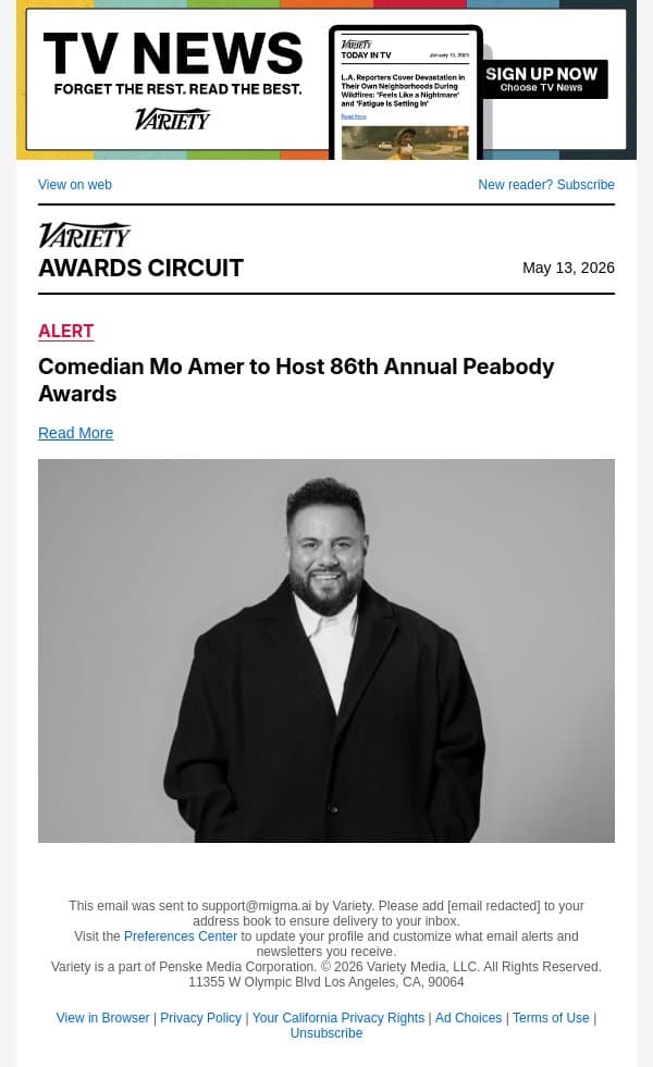 Comedian Mo Amer to Host 86th Annual Peabody Awards email from Variety screenshot