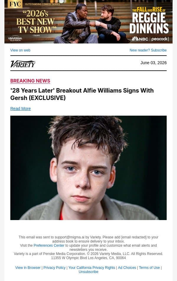 '28 Years Later' Breakout Alfie Williams Signs With Gersh (EXCLUSIVE) email from Variety screenshot