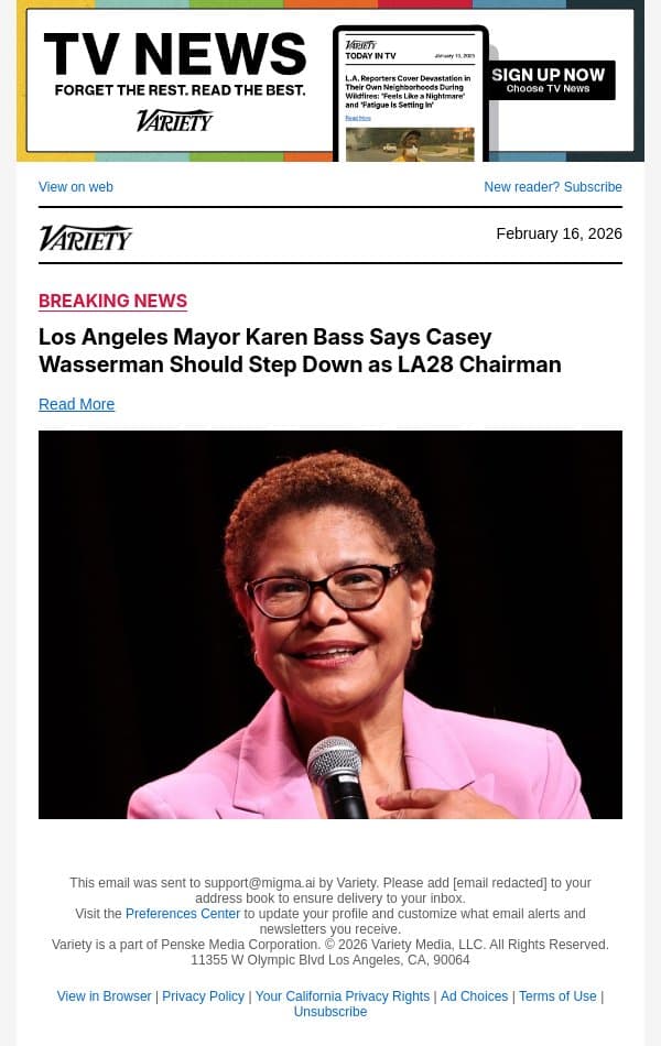 Los Angeles Mayor Karen Bass Says Casey Wasserman Should Step Down as LA28 Chairman email from Variety screenshot
