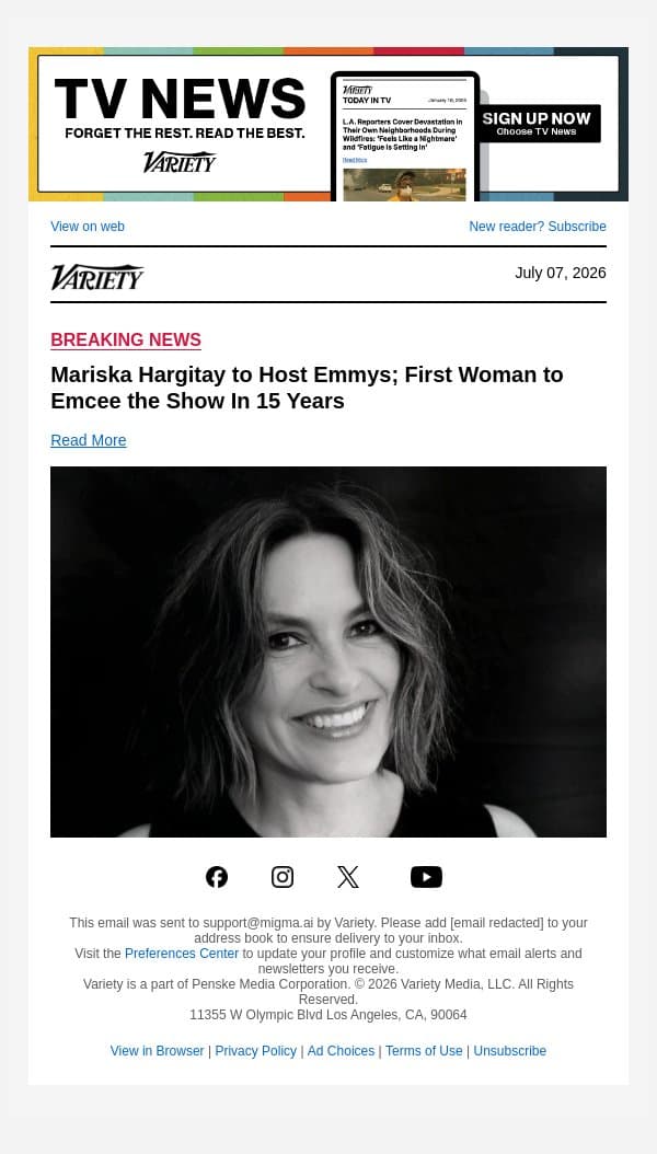 Mariska Hargitay to Host Emmys; First Woman to Emcee the Show In 15 Years email from Variety screenshot