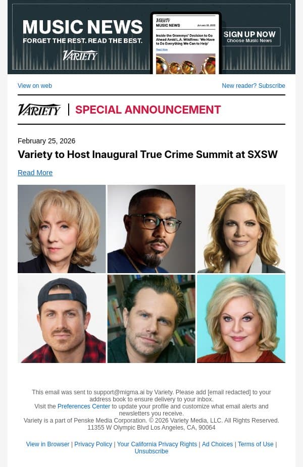 Variety to Host Inaugural True Crime Summit at SXSW email from Variety screenshot