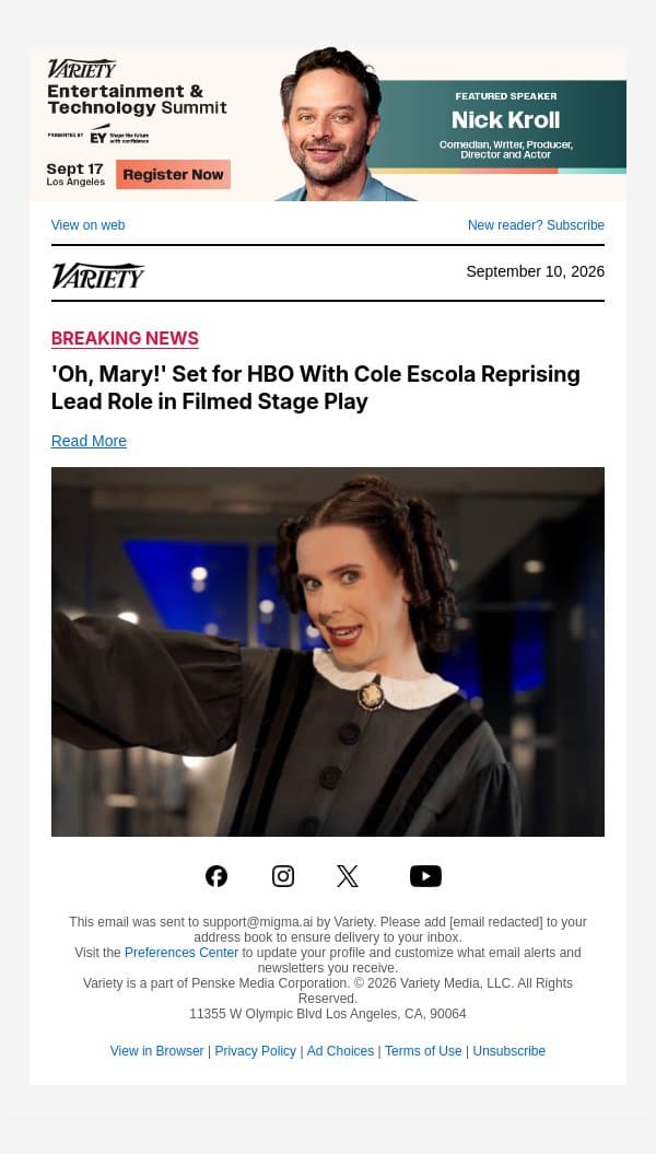 'Oh, Mary!' Set for HBO With Cole Escola Reprising Lead Role in Filmed Stage Play email from Variety screenshot
