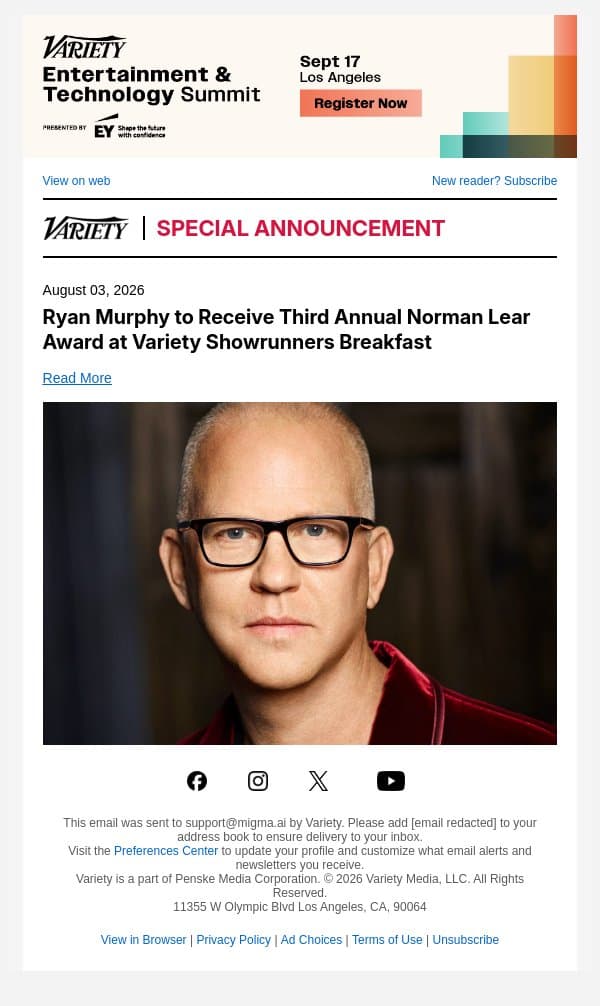 Panelists Announced for Variety Showrunners Breakfast email from Variety screenshot
