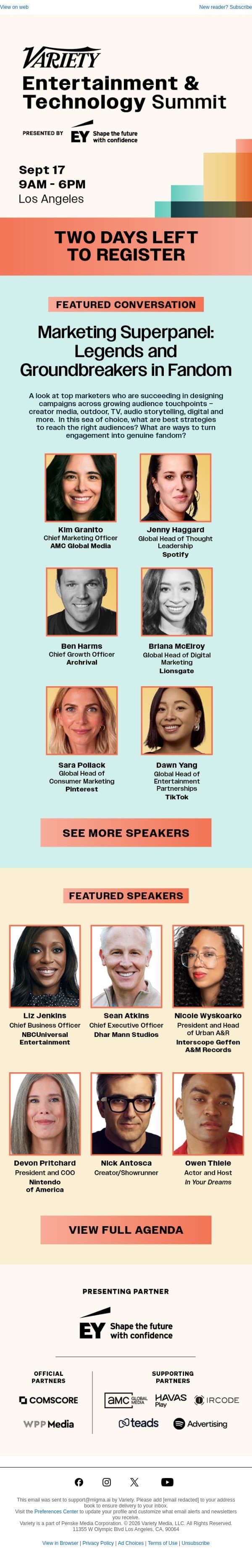 Last Chance to Register for Variety’s Entertainment & Technology Summit email from Variety screenshot