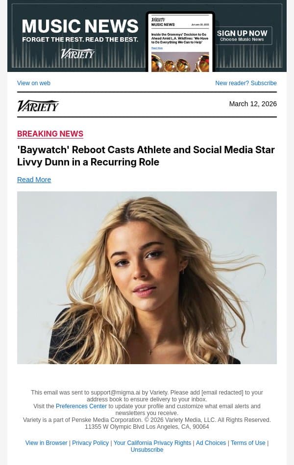 'Baywatch' Reboot Casts Athlete and Social Media Star Livvy Dunn in a Recurring Role email from Variety screenshot