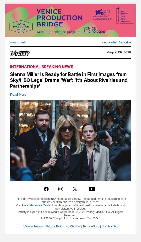 Sienna Miller is Ready for Battle in First Images from Sky/HBO Legal Drama ‘War’: 'It’s About Rivalries and Partnerships' email from Variety screenshot