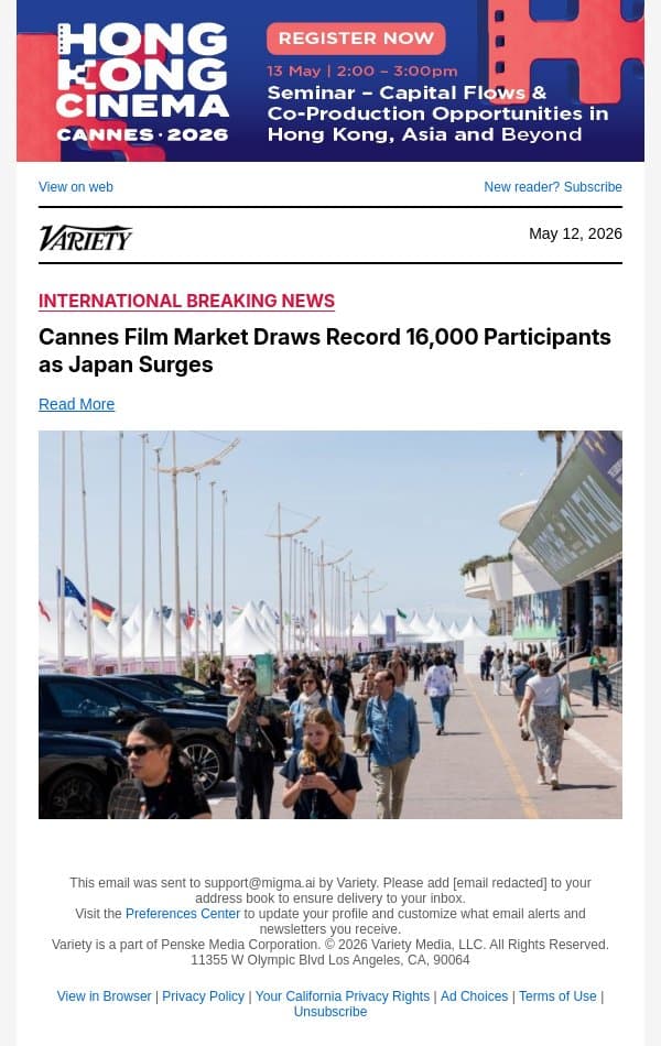 Cannes Film Market Draws Record 16,000 Participants as Japan Surges email from Variety screenshot