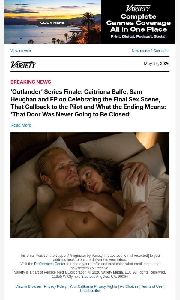 ‘Outlander’ Series Finale: Caitriona Balfe, Sam Heughan and EP on Celebrating the Final Sex Scene, That Callback to the Pilot and What the Ending Means: ‘That Door Was Never Going to Be Closed’ email from Variety screenshot