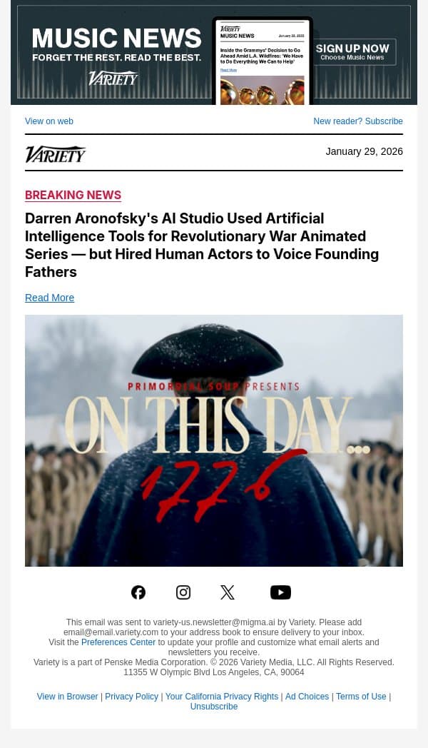 Darren Aronofsky's AI Studio Used Artificial Intelligence Tools for Revolutionary War Animated Series — but Hired Human Actors to Voice Founding Fathers email from Variety screenshot