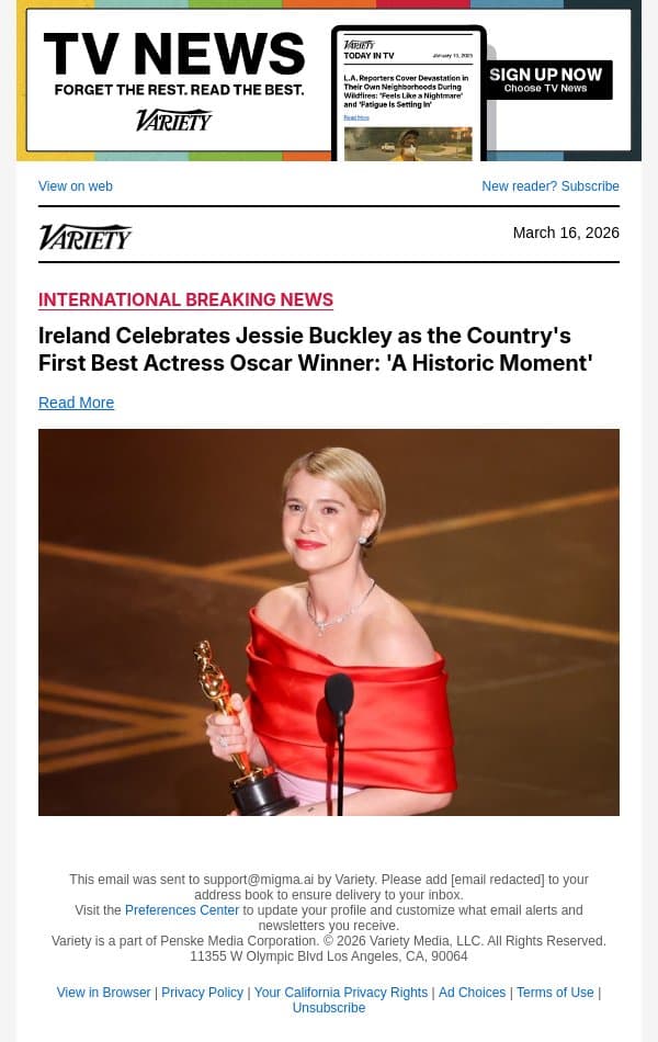 Ireland Celebrates Jessie Buckley as the Country's First Best Actress Oscar Winner: 'A Historic Moment' email from Variety screenshot