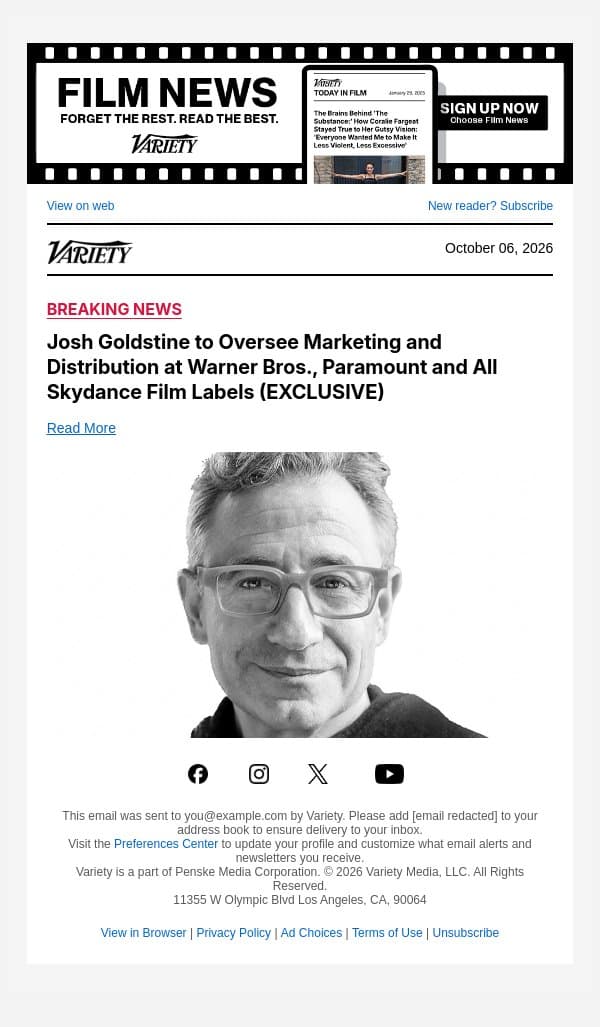 Josh Goldstine to Oversee Marketing and Distribution at Warner Bros., Paramount and All Skydance Film Labels (EXCLUSIVE) email from Variety screenshot