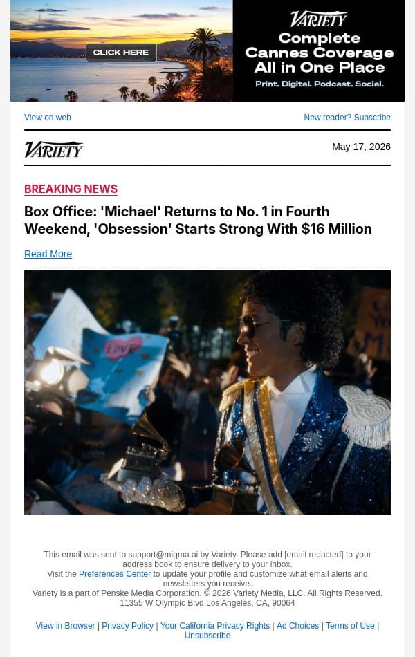 Box Office: 'Michael' Returns to No. 1 in Fourth Weekend, 'Obsession' Starts Strong With $16 Million email from Variety screenshot