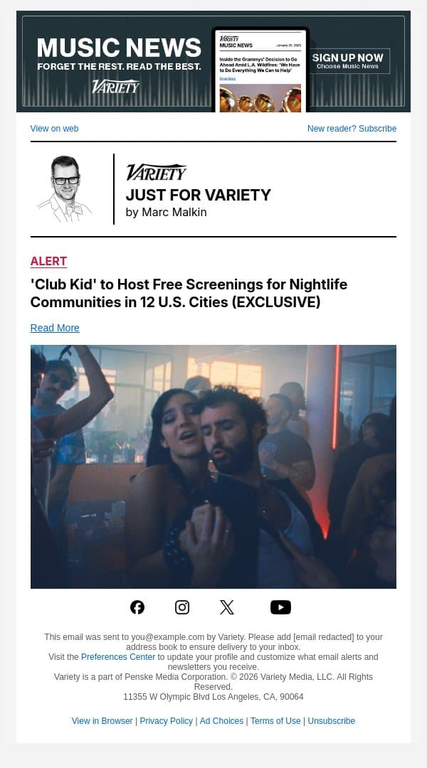 'Club Kid' to Host Free Screenings for Nightlife Communities in 12 U.S. Cities (EXCLUSIVE) email from Variety screenshot
