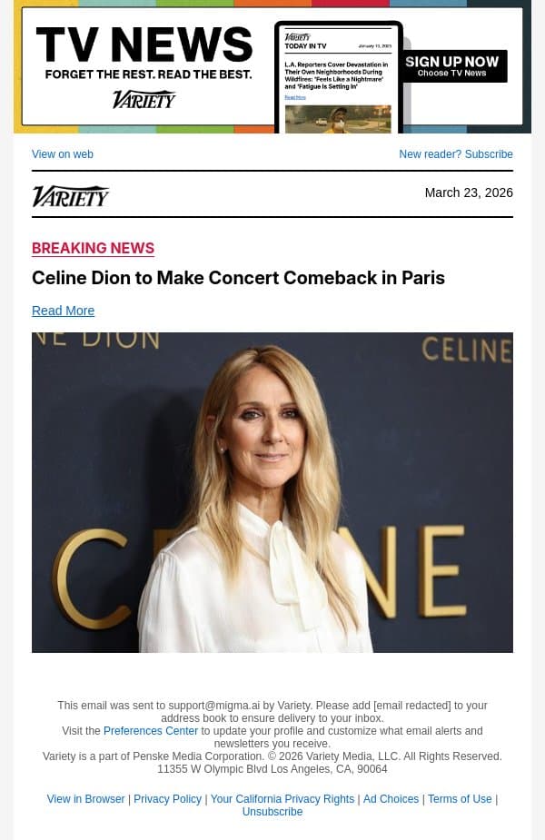 Celine Dion to Make Concert Comeback in Paris email from Variety screenshot
