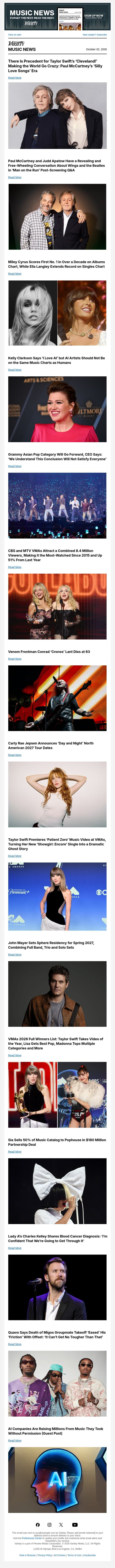 Taylor Swift's 'Cleveland!' Controversy; Paul McCartney Gets Loose in Judd Apatow Q&A; Grammys Say Asian Pop Category Is Staying email from Variety screenshot