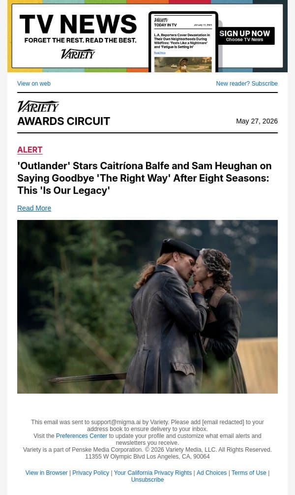 'Outlander' Stars Caitríona Balfe and Sam Heughan on Saying Goodbye 'The Right Way' After Eight Seasons: This 'Is Our Legacy' email from Variety screenshot