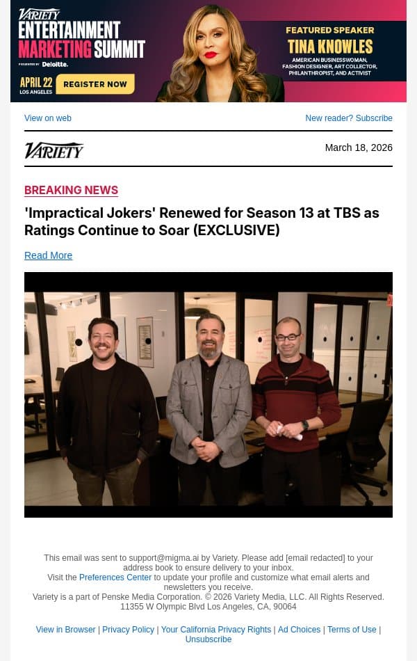 'Impractical Jokers' Renewed for Season 13 at TBS as Ratings Continue to Soar (EXCLUSIVE) email from Variety screenshot