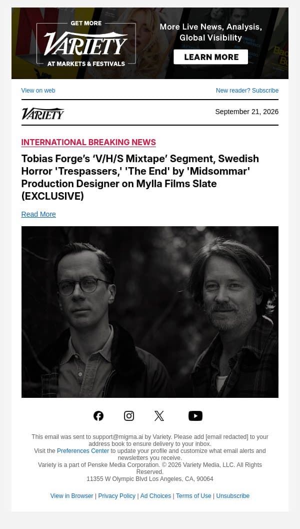 Tobias Forge’s ‘V/H/S Mixtape’ Segment, Swedish Horror 'Trespassers,' 'The End' by 'Midsommar' Production Designer on Mylla Films Slate (EXCLUSIVE) email from Variety screenshot