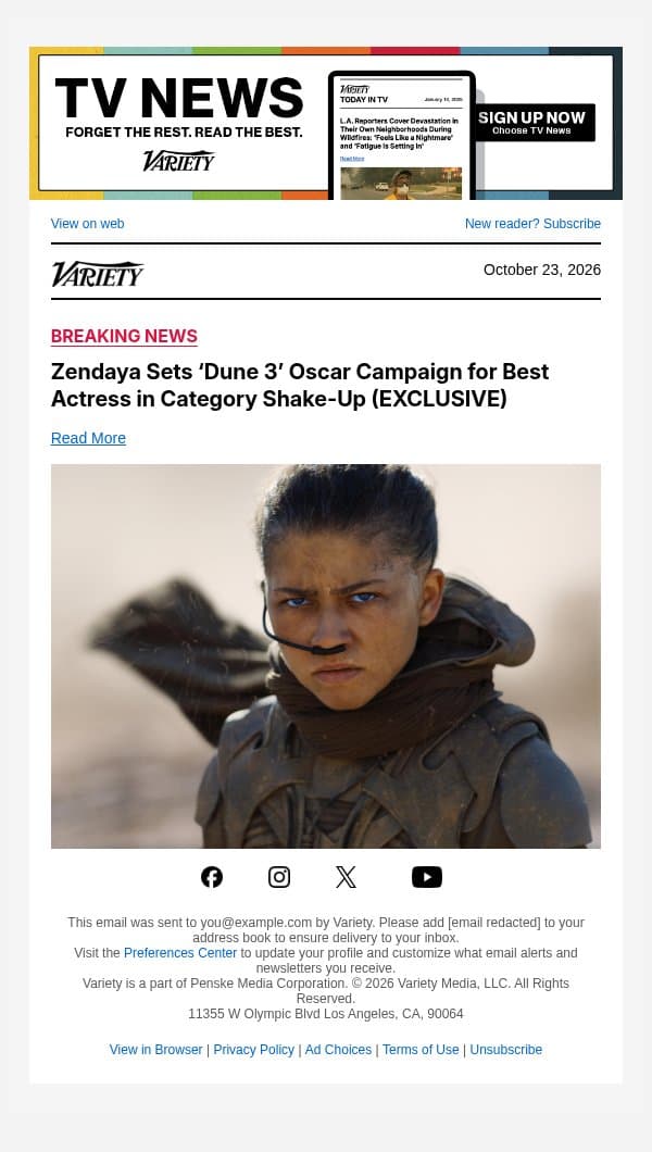 Zendaya Sets ‘Dune 3’ Oscar Campaign for Best Actress in Category Shake-Up (EXCLUSIVE) email from Variety screenshot