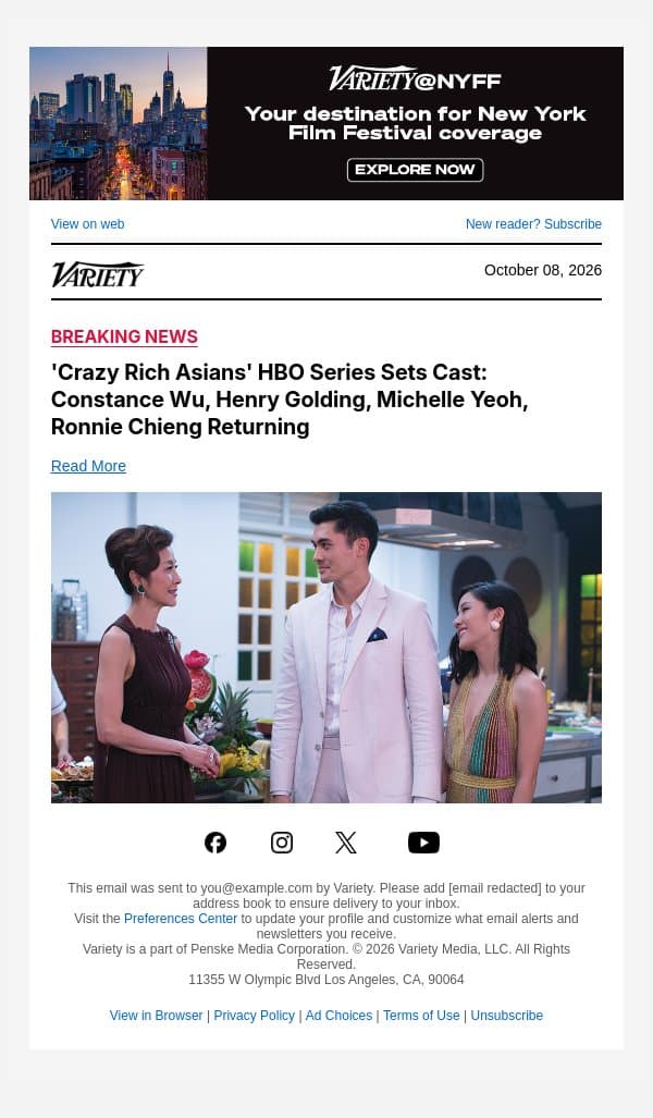 'Crazy Rich Asians' HBO Series Sets Cast: Constance Wu, Henry Golding, Michelle Yeoh, Ronnie Chieng Returning email from Variety screenshot