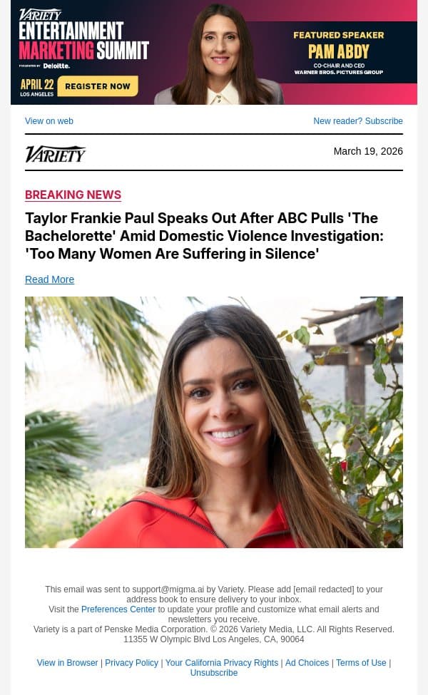 Taylor Frankie Paul Speaks Out After ABC Pulls 'The Bachelorette' Amid Domestic Violence Investigation: 'Too Many Women Are Suffering in Silence' email from Variety screenshot