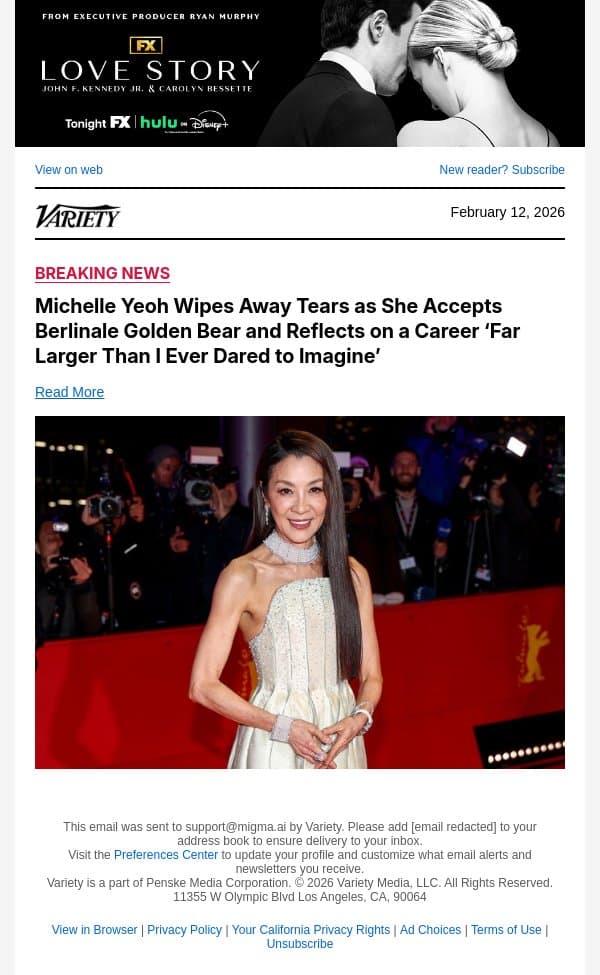 Michelle Yeoh Wipes Away Tears as She Accepts Berlinale Golden Bear and Reflects on a Career ‘Far Larger Than I Ever Dared to Imagine’ email from Variety screenshot