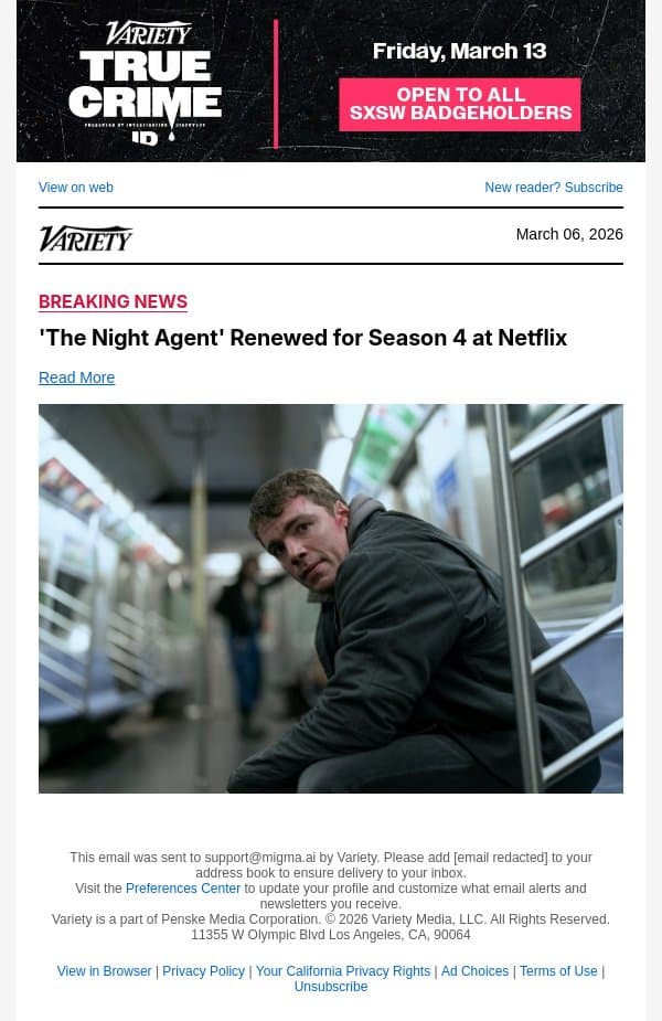 'The Night Agent' Renewed for Season 4 at Netflix email from Variety screenshot