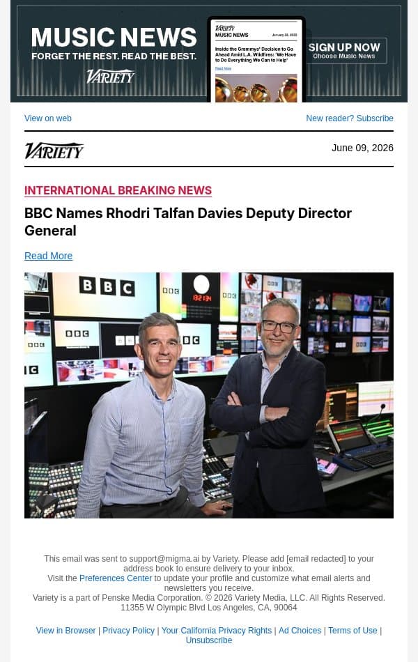 BBC Names Rhodri Talfan Davies Deputy Director General email from Variety screenshot
