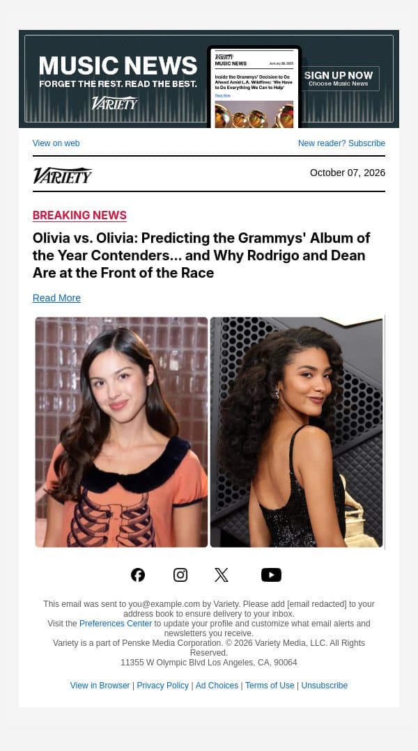 Olivia vs. Olivia: Predicting the Grammys' Album of the Year Contenders... and Why Rodrigo and Dean Are at the Front of the Race email from Variety screenshot