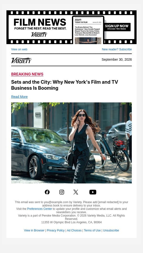 Sets and the City: Why New York's Film and TV Business Is Booming email from Variety screenshot