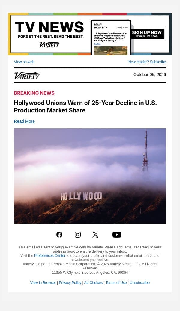 Hollywood Unions Warn of 25-Year Decline in U.S. Production Market Share email from Variety screenshot