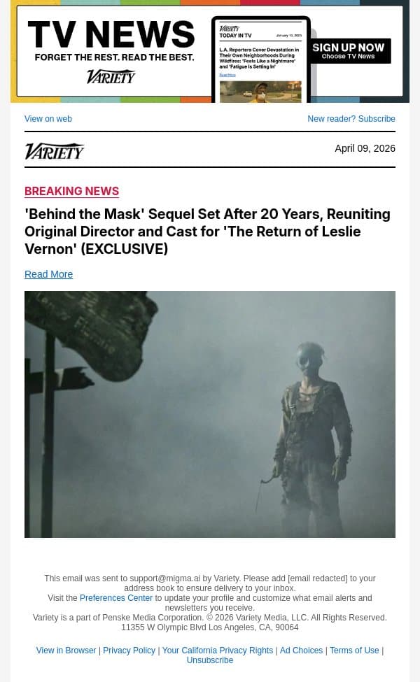 'Behind the Mask' Sequel Set After 20 Years, Reuniting Original Director and Cast for 'The Return of Leslie Vernon' (EXCLUSIVE) email from Variety screenshot