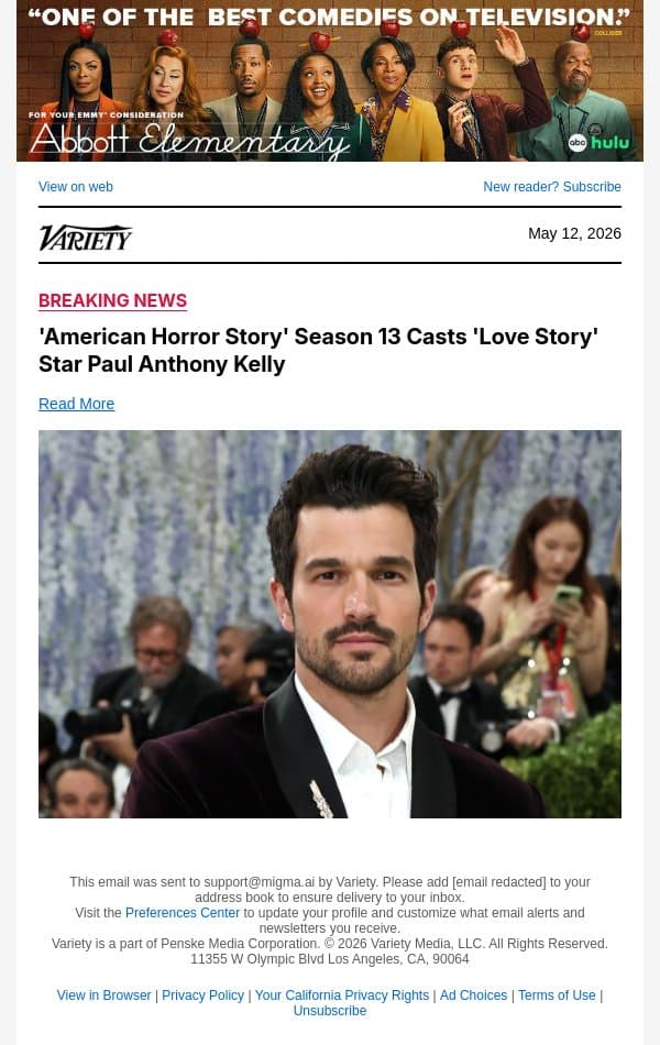 'American Horror Story' Season 13 Casts 'Love Story' Star Paul Anthony Kelly email from Variety screenshot