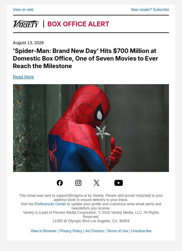 'Spider-Man: Brand New Day' Hits $700 Million at Domestic Box Office, One of Seven Movies to Ever Reach the Milestone email from Variety screenshot