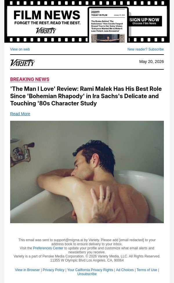 'The Man I Love' Review: Rami Malek Has His Best Role Since 'Bohemian Rhapody' in Ira Sachs's Delicate and Touching '80s Character Study email from Variety screenshot