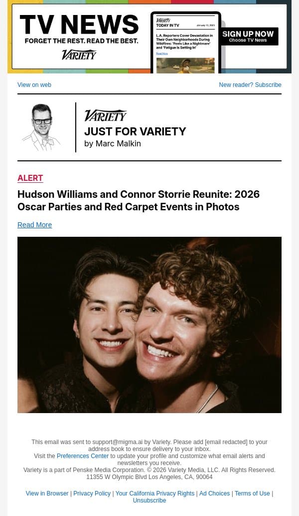 Hudson Williams and Connor Storrie Reunite: 2026 Oscar Parties and Red Carpet Events in Photos email from Variety screenshot