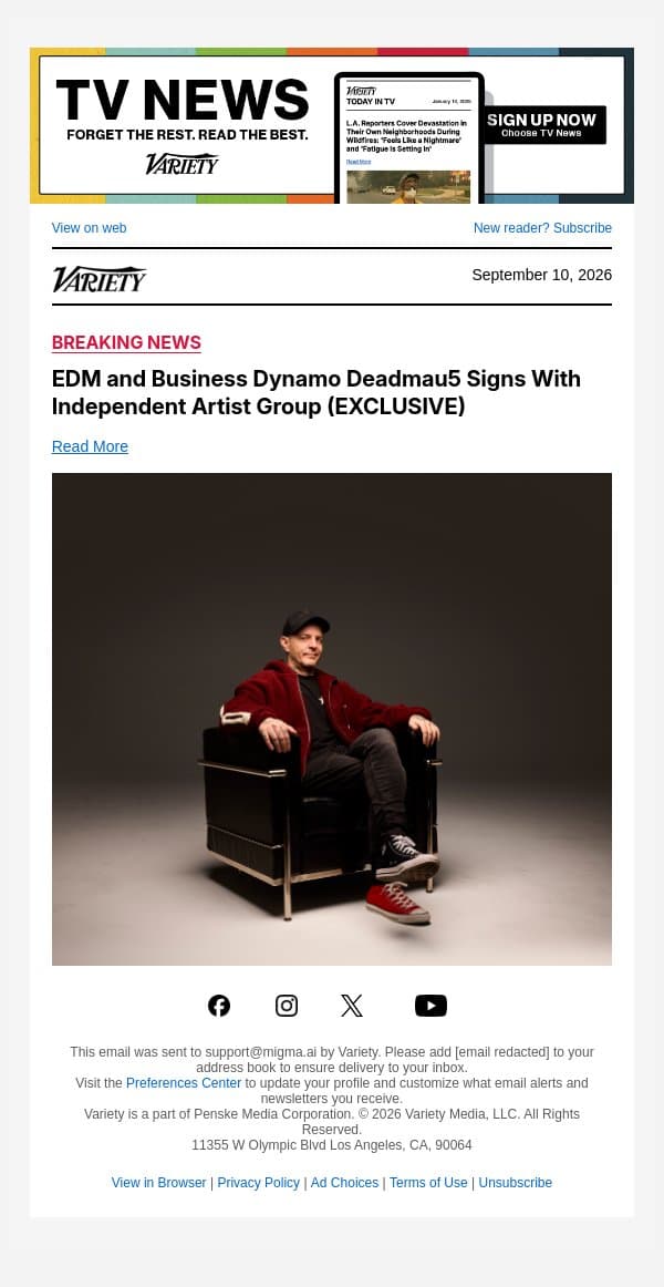 EDM and Business Dynamo Deadmau5 Signs With Independent Artist Group (EXCLUSIVE) email from Variety screenshot
